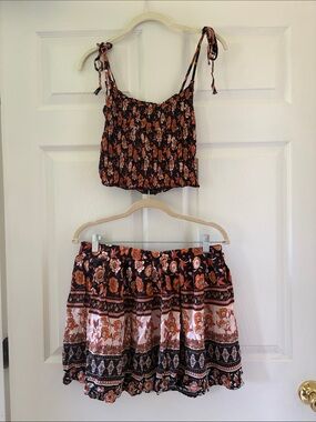 SHEIN Black & Rust Floral Tiered Skirt and Shirt Set